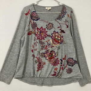 Style & Co. Gray Top with Red and Purple Floral Embroidery